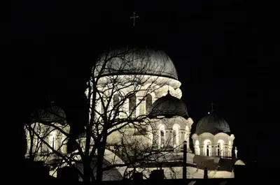 a building with domes and a tree at night at L18 Apartamentai in Kaunas