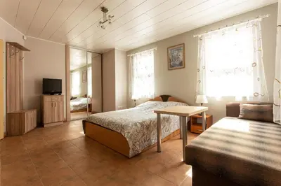 a bedroom with a bed and a tv and a couch at Rinvasta in Druskininkai