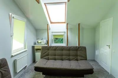 a living room with a couch and two windows at Rinvasta in Druskininkai