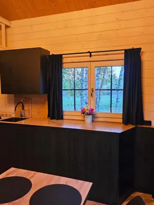 a kitchen with a large window in a cabin at Žalesos pirtelė in Ažulauke