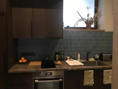 a kitchen with a sink and a counter top at Artsy Retreat In The Heart Of Uzupis, Vilnius in Vilnius