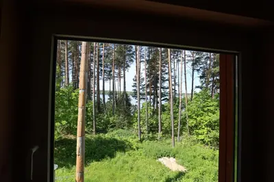 a window with a view of a forest of trees at Poilsiavietė - kempingas ''Viktorija''