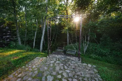 a park with a bench in the middle of a forest at Vila Skodupė