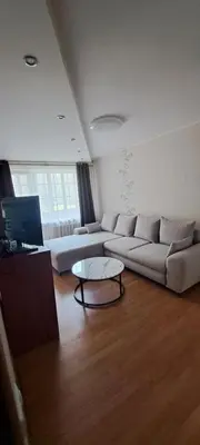 a living room with a couch and a coffee table at Apartamentai The 56 Spot in Utena