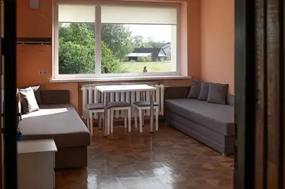 a living room with a couch and a table and a window at Degučiai ,svečių namai in Šakiai