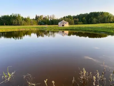 a small house on a field next to a lake at Anos Kempingas, Troškūnai in Smėlynė