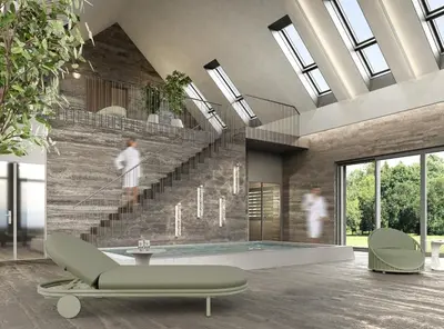 a living room with a swimming pool and stairs at Aukštoji Liškiava in Liškiava