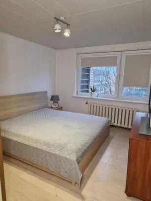 a bedroom with a bed and a window at Pušų lašas apartamentai in Birštonas