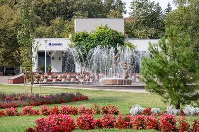 a fountain in the middle of a park with flowers at Pušų lašas apartamentai in Birštonas