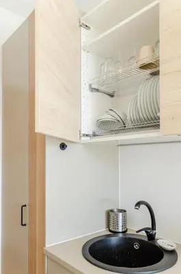 a kitchen with a sink and a cupboard with dishes at Activity & Relax Studio 5 in Druskininkai