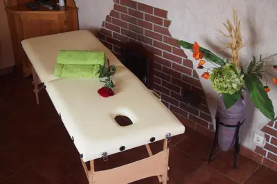 a table with a sink in a room with a brick wall at Namelis Rugilė in Druskininkai