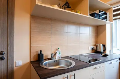 a kitchen with a sink and a counter at Small Studio Apartment in Kaunas