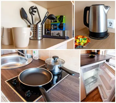 a collage of photos of a kitchen with a pot on the stove at Small Studio Apartment in Kaunas