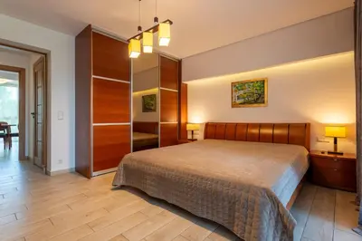 a bedroom with a large bed in a room at Park apartment in Druskininkai