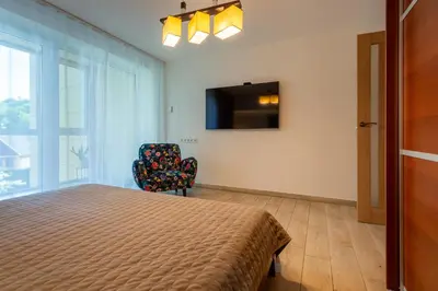 a bedroom with a bed and a chair and a tv at Park apartment in Druskininkai
