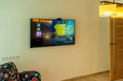 a flat screen tv hanging on a wall at Park apartment in Druskininkai