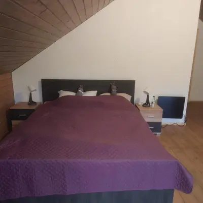 a bedroom with a bed with a purple bedspread at Draugų sodyba