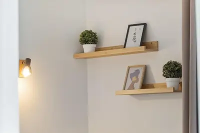 a room with two wooden shelves with plants at Niwaki Sodai No 2 by URBAN RENT in Vilnius