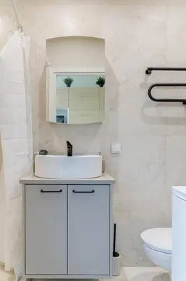 a bathroom with a white sink and a mirror at Nemunas A respite Studio 8 in Druskininkai