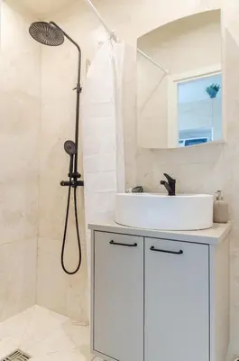 a bathroom with a sink and a shower at Nemunas A respite Studio 8 in Druskininkai