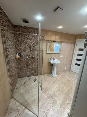a bathroom with a shower and a sink at Classic Style Apartment in Kelmė