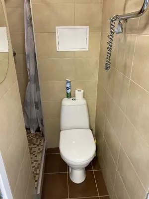 a small bathroom with a toilet and a shower at Vilnius Apartment with Balcony in Vilnius