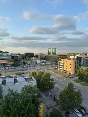 an aerial view of a parking lot in a city at Panorama City View Apartment in Vilnius