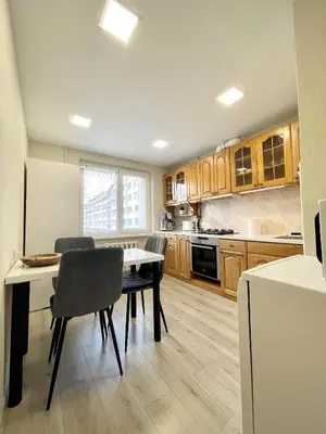 a kitchen with a table and chairs and a refrigerator at Dani apartment in Panevėžys