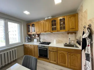 a kitchen with wooden cabinets and a sink at Dani apartment in Panevėžys