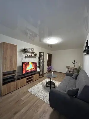 a living room with a couch and a fireplace at MB BENO TRUMPALAIKE NUOMA LUKSIUKAs in Kėdainiai