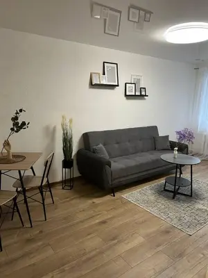 a living room with a couch and a table at MB BENO TRUMPALAIKE NUOMA LUKSIUKAs in Kėdainiai