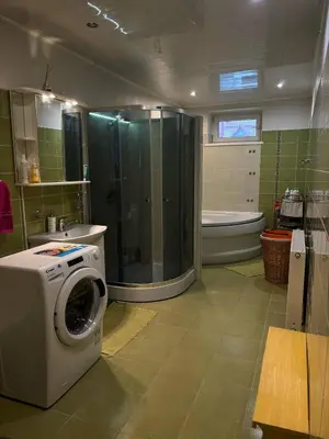 a bathroom with a washing machine and a shower at Ramybės kotedžas in Kaunas
