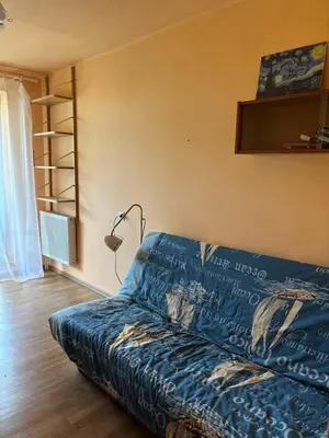 a blue couch in a living room with a lamp at Ramybės kotedžas in Kaunas