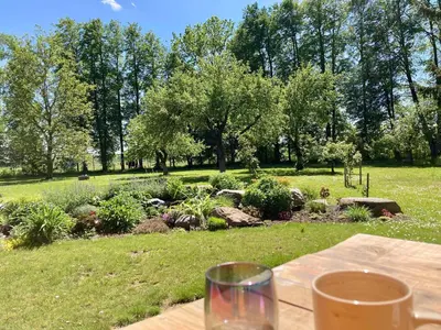 a table with a wine glass sitting on top of a garden at Prienų vienkiemis in Kelmė
