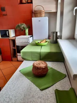 a kitchen with a green counter with a bowl of fruit on it at Prienų vienkiemis in Kelmė