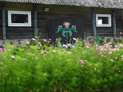 a wooden house with flowers in front of it at Prienų vienkiemis in Kelmė
