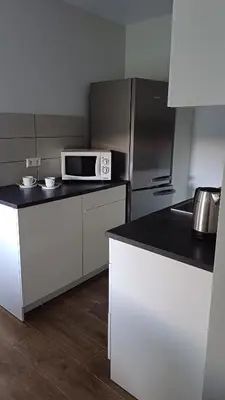 a kitchen with a microwave and a refrigerator at Lake apartments in Rokiškis