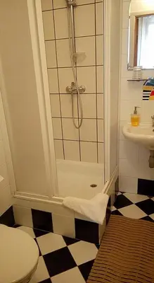 a bathroom with a shower and a toilet and a sink at Litinterp in Vilnius