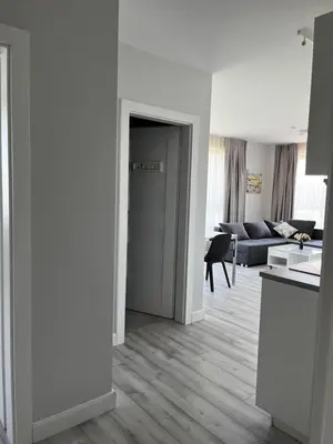 a white living room with a kitchen and a living room at Buto nuoma Druskininkuose in Druskininkai