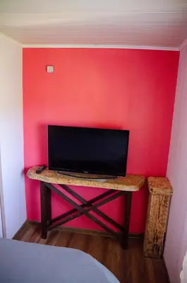 a tv on a table in a room with a red wall at Sodyba Gluosnis