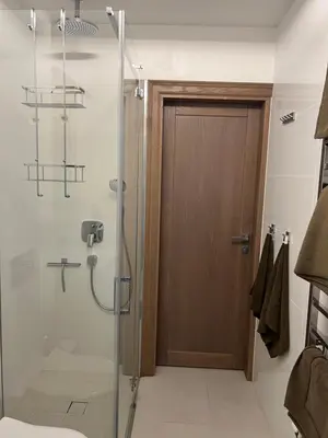 a bathroom with a shower with a glass door at Nemuno Banga in Druskininkai