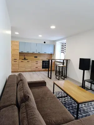 a living room with a couch and a table at Alytus Miško studio in Alytus