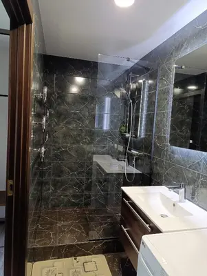 a bathroom with a sink and a shower at Alytus Miško studio in Alytus