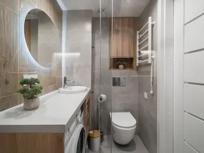 a bathroom with a sink and a toilet and a mirror at Loft 12 in Vilnius