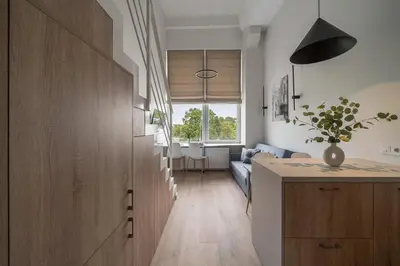 a kitchen and living room with a large wooden cabinet at Loft 12 in Vilnius