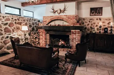 a living room with a fireplace and two chairs at Taujėnų dvaro rūmai in Towiany