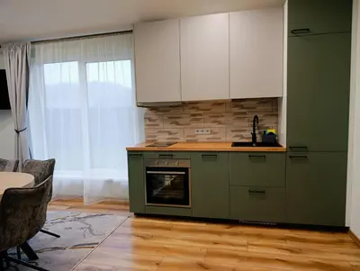 a kitchen with green cabinets and a stove at Sodyba Miško pakrašty in Gailiūnai