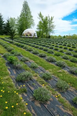 a large field of plants in front of a tent at Kvapu sodyba
