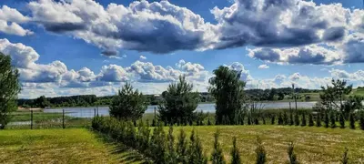 a field with a river and clouds in the sky at Light House in Vilnius