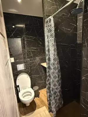 a small bathroom with a toilet and a shower at Studio apartment ll in Vilnius